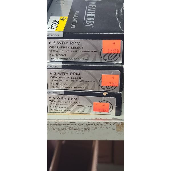 3 BOXES WEATHERBY 6.5 WBY RPM, WEATHERBY SELECT, INTERLOCK, 140 GRAIN, PAL REQUIRED, NO SHIPP