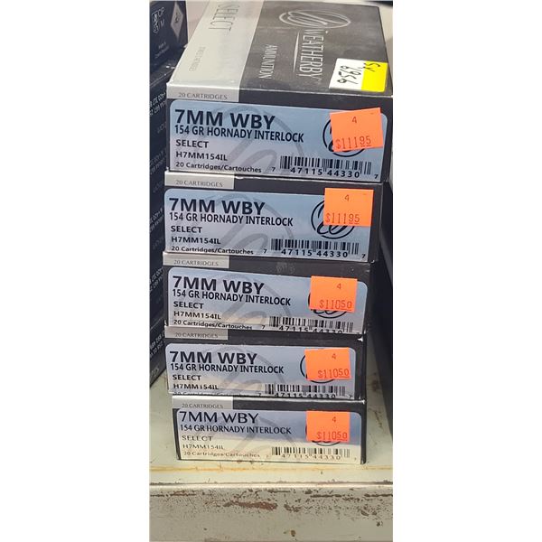 5 BOXES WEATHERBY, 7MM WBY, HORNADY INTERLOCK SELECT, 154 GRAIN, 100 ROUNDS, PAL REQUIRED, NO SHIPPI