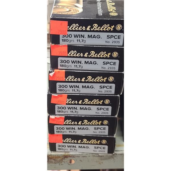 6 BOXES SELLIER AND BELLOT, 300 WIN MAG. SPCE, 180 GRAIN, 120 ROUNDS, PAL REQUIRED, NO SHIPPING