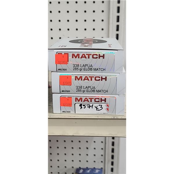 3 BOXES HORNADY 338 LAPUA, MATCH ELD, 285 GRAIN, 60 ROUNDS, PAL REQUIRED, NO SHIPPING ON AMMUNTION
