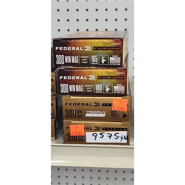 4 BOXES OF FEDERAL 300 WIN MAG, 1 BOX 180 GRAIN AND ONE BOX 165 GRAIN BONDED SOFT POINT FUSION, AN