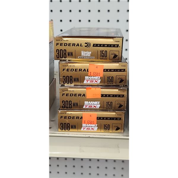 4 BOXES FEDERAL 308 WIN. 1 BOX NOSLER PARTITION AND 3 BOXES OF BARNES TSX 80 ROUNDS PAL REQUIRED, NO