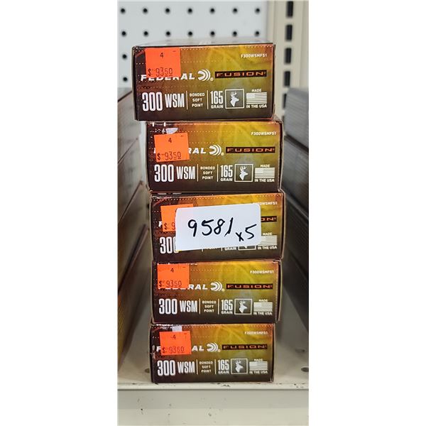 5 BOXES FEDERAL 300 WSM, BSP FUSION, 165 GRAIN, 100 ROUNDS, PAL REQUIRED, NO SHIPPING ON AMMUNTION