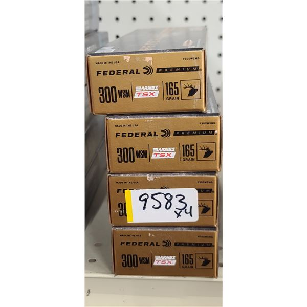 4 BOXES FEDERAL, 300 WSM, BARNES TSX, 165 GRAIN, 80 ROUNDS, PAL REQUIRED, NO SHIPPING ON AMMUNTION