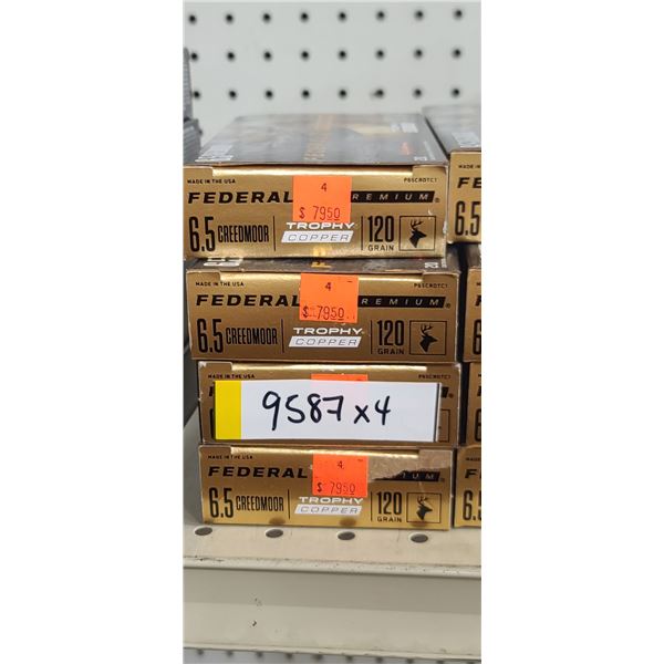 4 BOXES FEDERAL, 6.5 CREEDMOOR, 120 GRAIN, TROPHY COPPER, 80 ROUNDS, PAL REQUIRED, NO SHIPPING ON AM