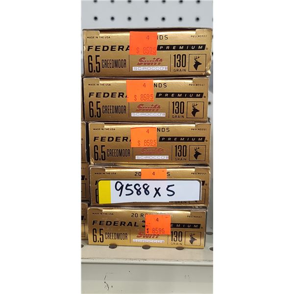 5 BOXES FEDERAL, 6.5 CREEDMOOR, 130 GRAIN, SWIFT SCIROCCO, 100 ROUNDS, PAL REQUIRED, NO SHIPPING ON
