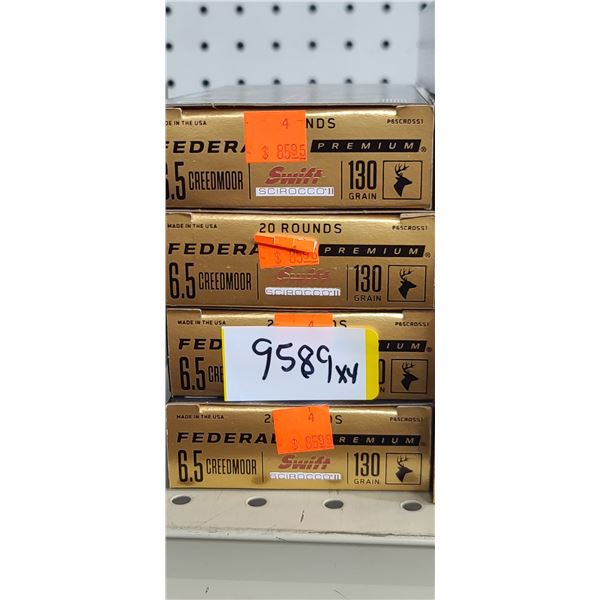 4 BOXES FEDERAL, 6.5 CREEDMOOR, 130 GRAIN, SWIFT SCIROCCO, 80 ROUNDS, PAL REQUIRED, NO SHIPPING ON A