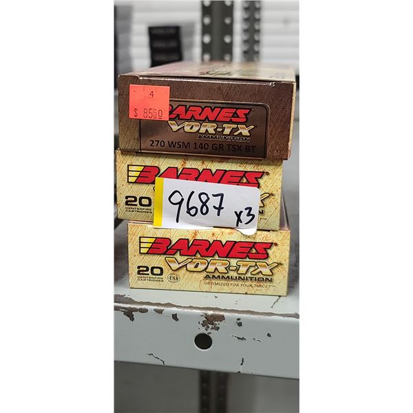 3 BOXES  BARNES 270 WSM. VOR-TX, 140 GRAIN, TSX BT, 60 ROUNDS, PAL REQUIRED, NO SHIPPING ON AMMUNTIO