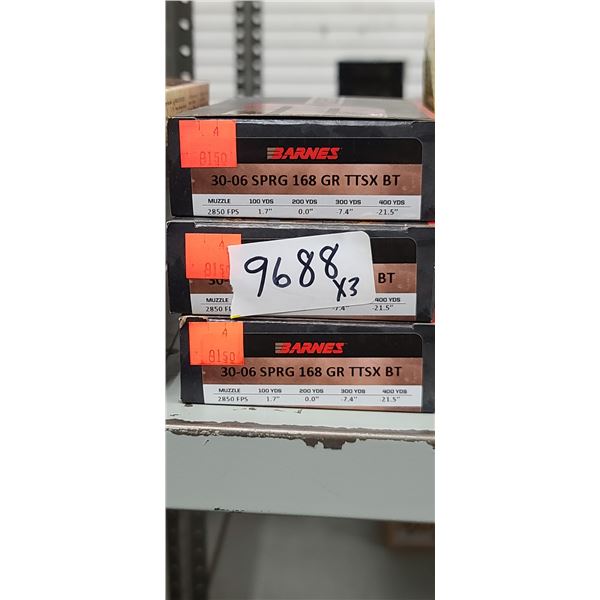 3 BOXES  BARNES 30-06 SPRG. 168 GRAIN, TTSX BT, 60 ROUNDS, PAL REQUIRED, NO SHIPPING ON AMMUNTION