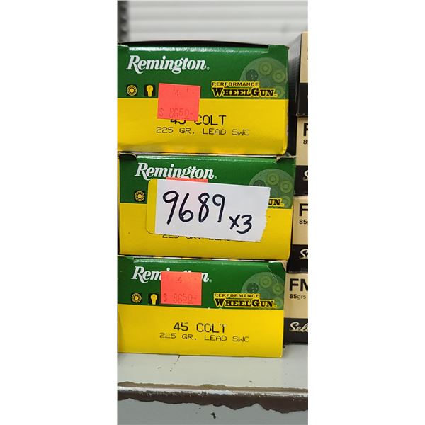 3 BOXES REMINGTON 45 COLT, 225 GRAIN, LEAD SWC, 150 ROUNDS, PAL REQUIRED, NO SHIPPING ON AMMUNTION