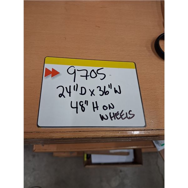 WOOD SHEVING WITH METAL BARS ON CASTORS, NO CONTENTS, 24D-36W- 48"H