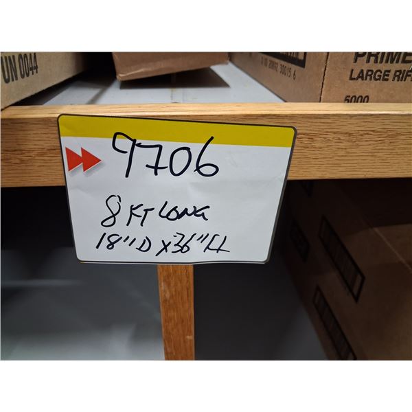 WOOD SHEVING NO CONTENTS 8'L-18"D-3'H, 14 AJUSTABLE SHELVES