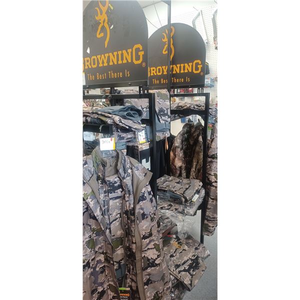 BROWNING DOUBLE SIDED CLOTHING RACK ON WHEELS ,NO CONTENTS, 48"W X 27"D X86"H