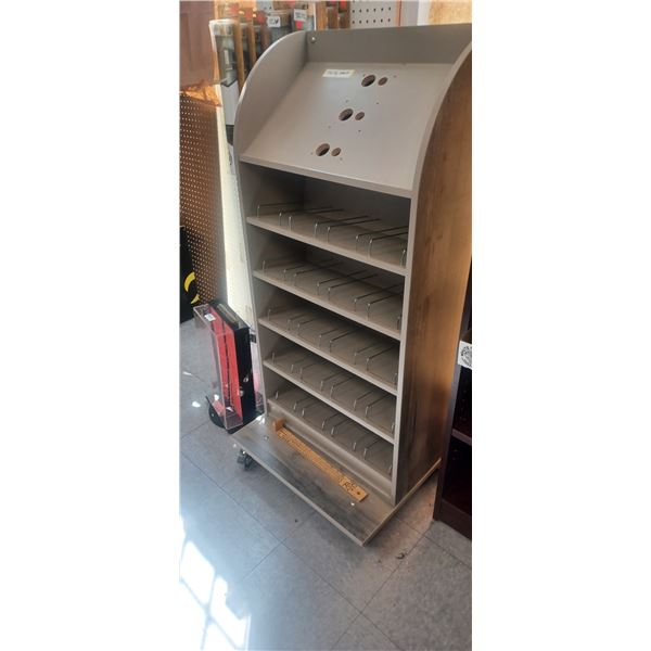WOOD DISPLAY STAND ON WHEELS 24" WX12"D X 48" H NO CONTENTS