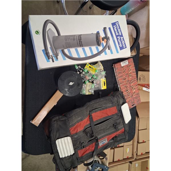 DOUBLE ACTION HAND PUMP, BACKPACK, GOLD HAT HOOKS, RATTLE REEL, BELLS