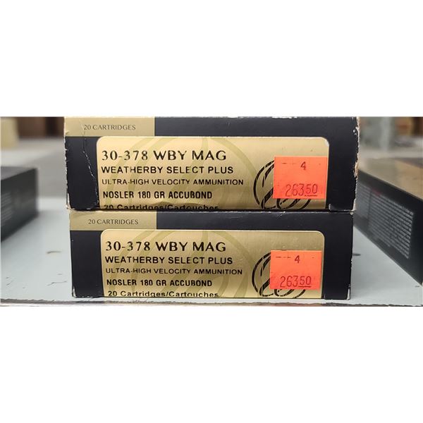 2 BOXES 30-378 WBY MAG - WEATHERBY SELECT PLUS - NOSLER 180GR. ACCUBOND, PAL REQUIRED.