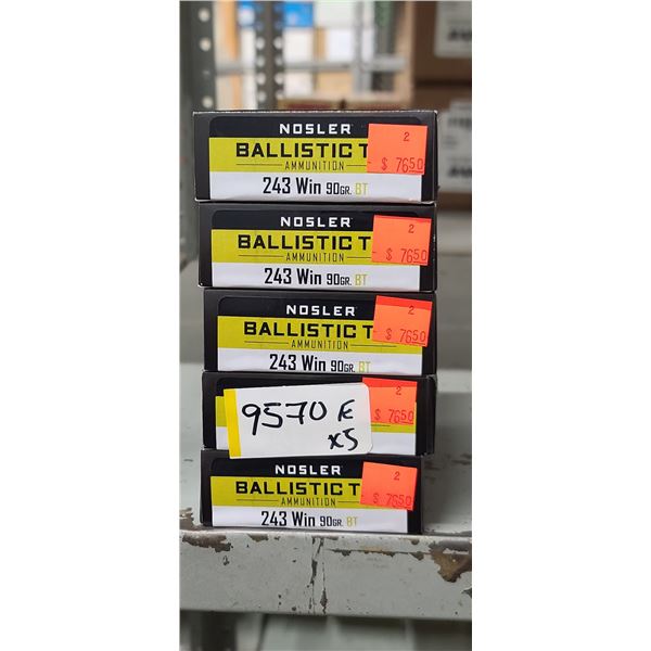 5 BOXES OF NOSLER .243 WIN,  90GR. BALLISTIC TIP, PAL REQUIRED, NO SHIPPING ON AMMUNITION,