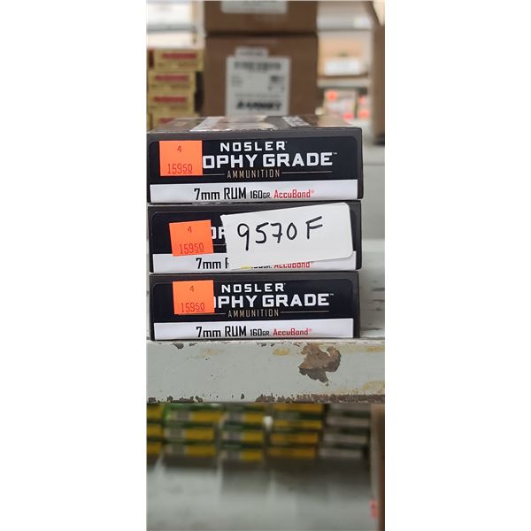 3 BOXES OF NOSLER 7MM RUM MAG 160GR. ACCUBOND, TROPHY GRADE