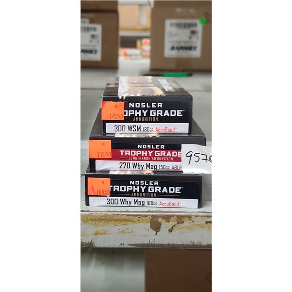 ASSORTED CALIBRES IN NOSLER AMMUNITION: 1 X .300WSM, 1 X .270WBY, AND 1 X .300WBY MAG