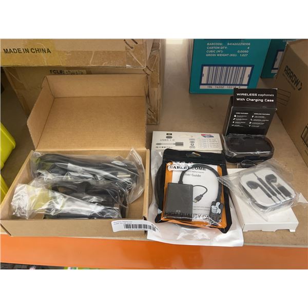 Cables, Earbuds, and Charging Case
