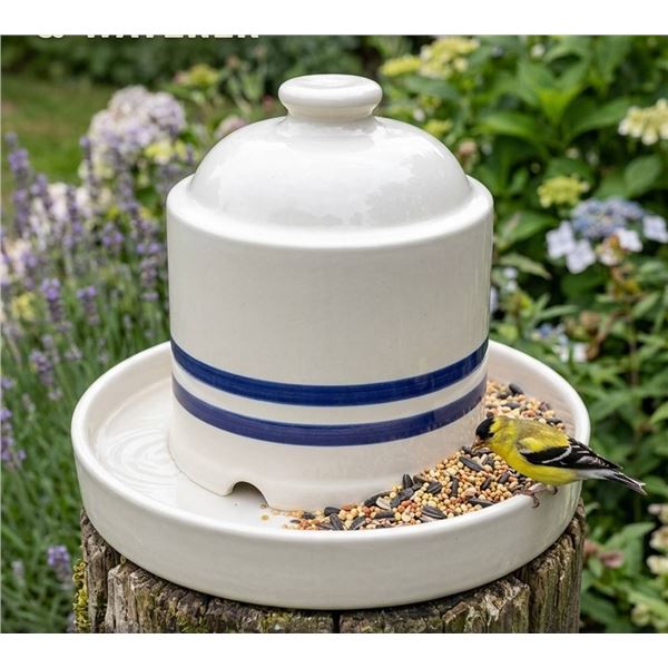 Ceramic Bird Feeder with Blue Stripes