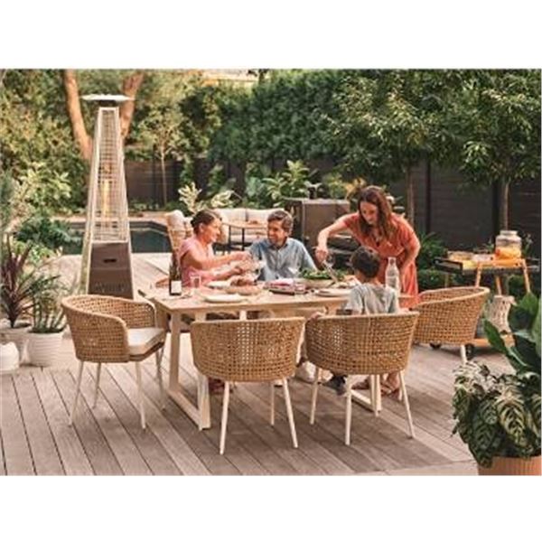 allen + roth Costal 7-Piece Off-White Steel Frame Patio Dining Set with Tan Cushions Included and Um