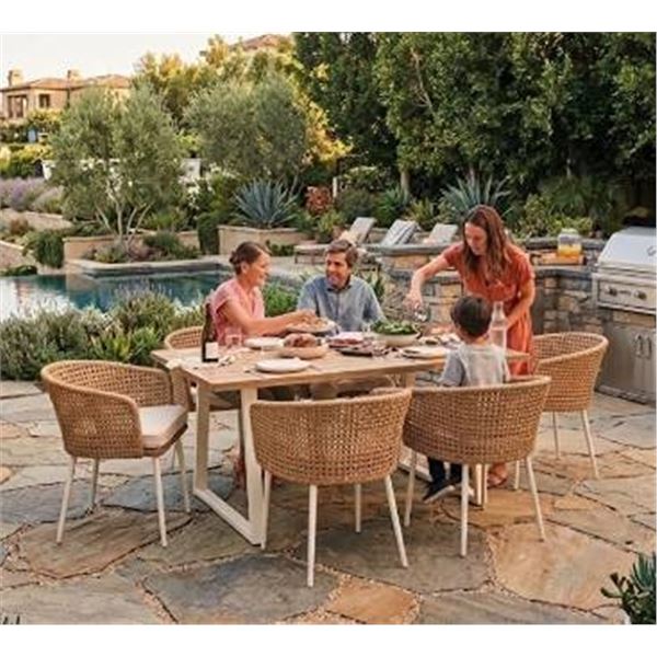 allen + roth Costal 7-Piece Off-White Steel Frame Patio Dining Set with Tan Cushions Included and Um
