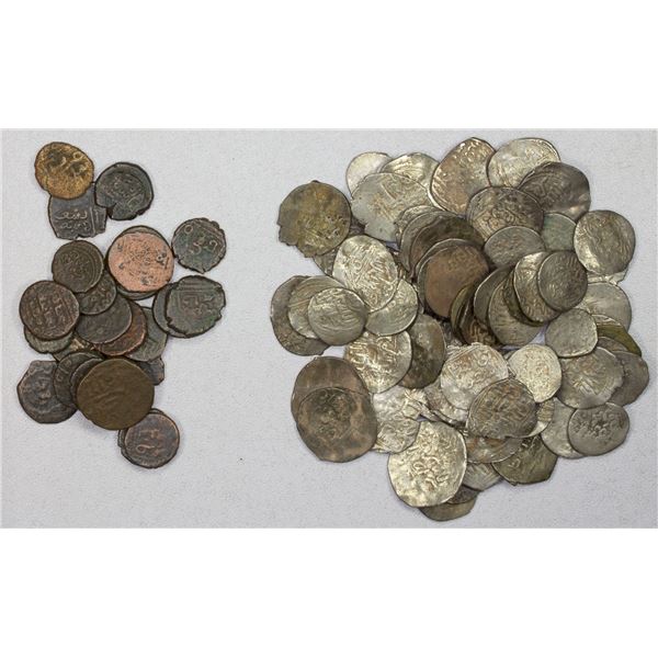 EARLY ISLAMIC: SA'DIAN SHARIFS: LOT of 70 silver dirhams and 24 copper coins
