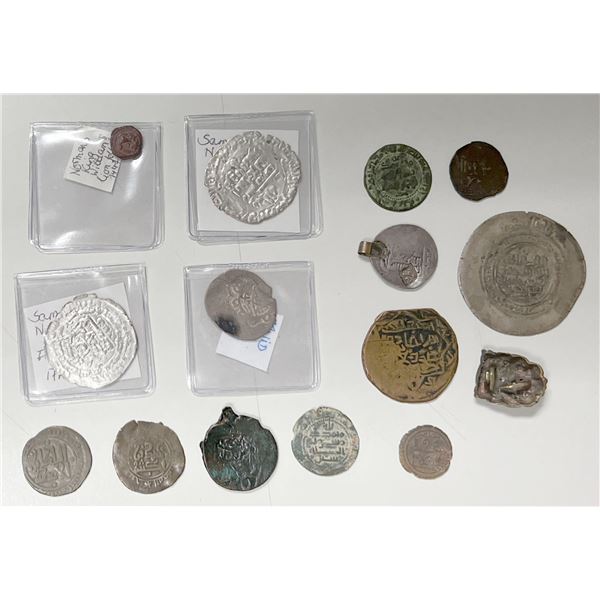 MEDIEVAL ISLAMIC: LOT of 13 coins and 1 decorative item