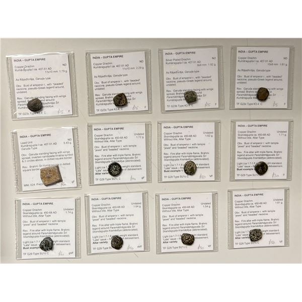 ANCIENT INDIA: GUPTA: LOT of 11 copper drachms & 1 lead unit