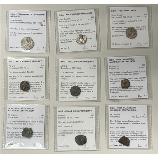 ANCIENT INDIA: POST-GUPTA: LOT of 3 silver and 6 copper coins