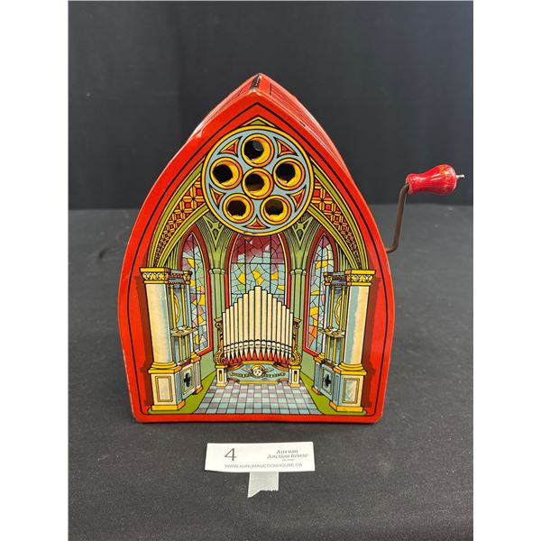 Excellent Condition 1930's J Chein Litho Wind Up Tin Church Cathedral Organ