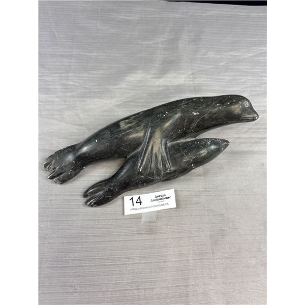 A Signed Hand Carved Soapstone Carving of Mother Seal with Her Child