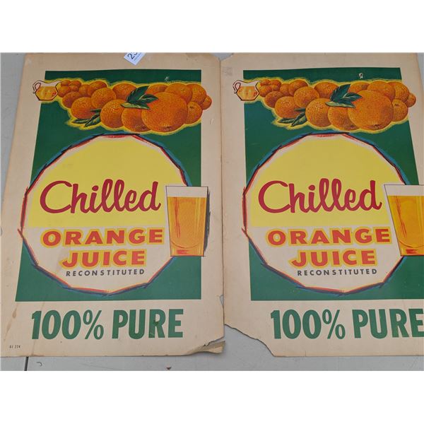 2 Vintage 1960's Chill Orange Juice Store Cardboard Advertisments Posters 14 by 21