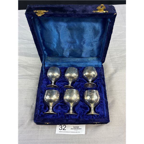 Set of 6 1960's Cordial Goblets Silver Plated in Blue Velvet Box