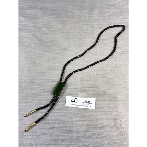Green Jade Bolo Slide with Metalic Gold and Black Braided Cord Jade is 1.5" Long