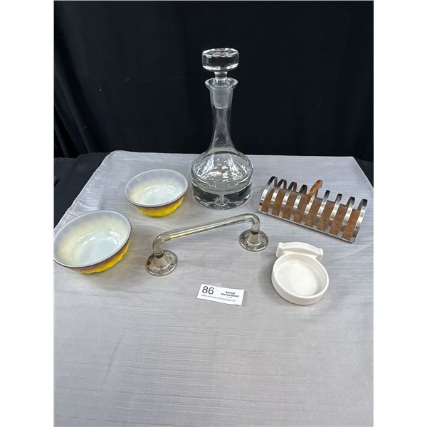 Lot of 3 Mid Century Items 2 Fire King Bowls, Decanter, Toast Rack, and 2 Antique Bathroom Items Por