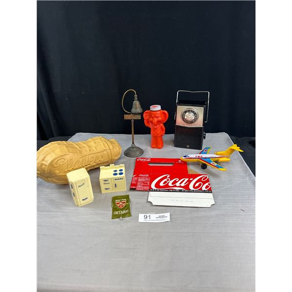Lot of Misc Vintage Collectibles, Planters Peanut Display, Vintage RCA Radio, Toys