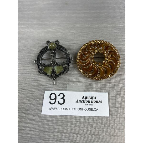 2 Vintage Brooches, Gold and Brown Stamped Made in Austria