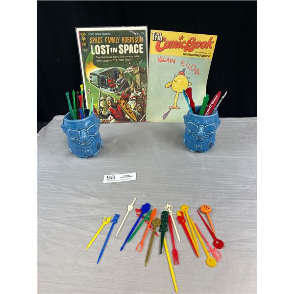 2 Vintage Tiki Mugs from Landmark Vancouver BC with Vintage Swizzle Sticks and 2 Vintage Comics