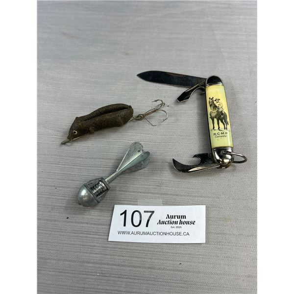 RCMP Pocket Knife, Vintage 1950's Metal Cap Bomb Toy, and Vintage Mouse Lure