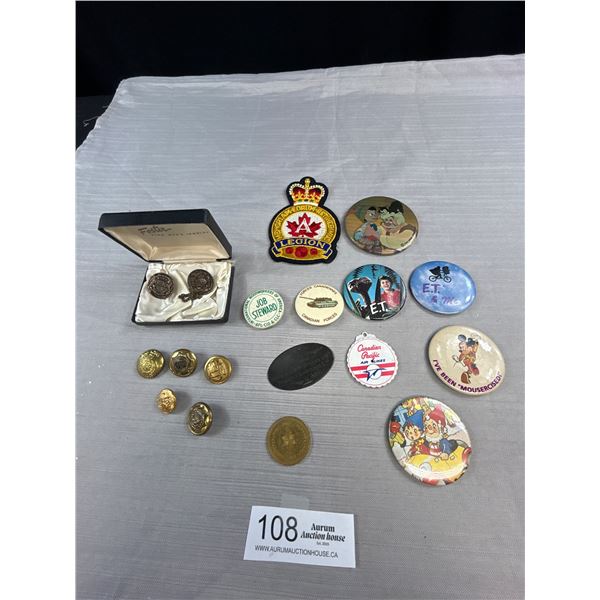Lot of 18 Vintage Buttons/Pins/Patch E.T., Disney, Military +