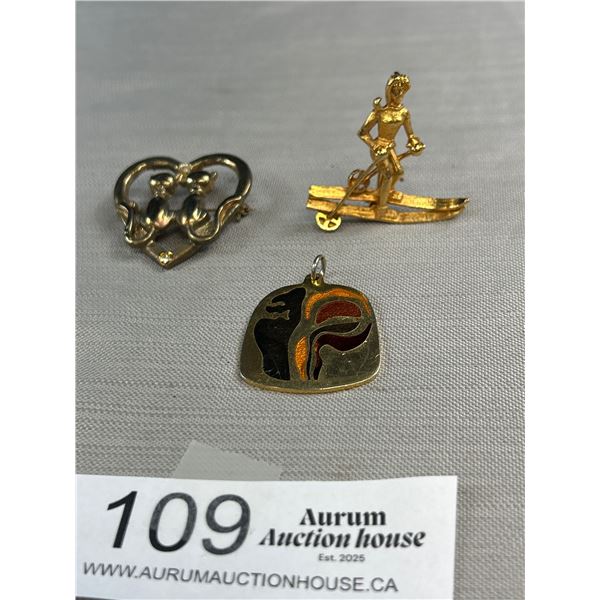 Lot of 2 Vintage Unique Brooches and Mid Century Modernist de Passille Sylvestre Enamel Pendant