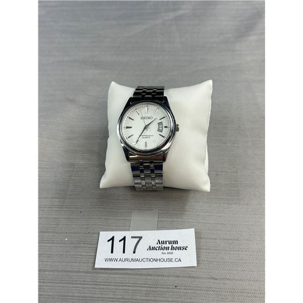 Mens Seiko 3ATM Quartz Waterproof Calendar Watch Running Condition Stainless Band