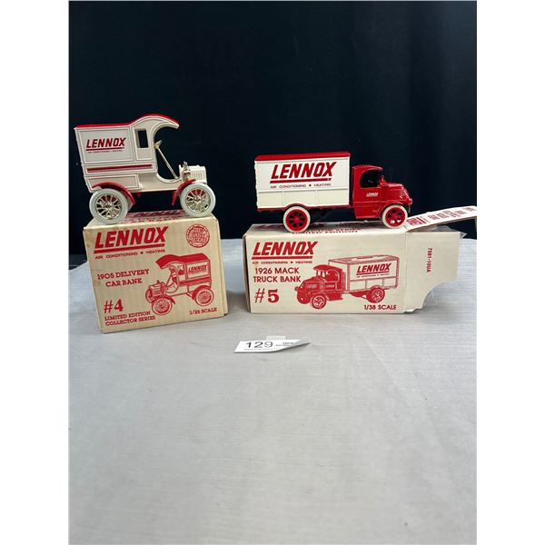 2 1:38 Scale Lennox Trucks in Original Box 1905 Delivery Car Bank & 1926 Mack Truck Bank