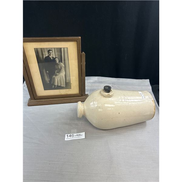 An Antique Wood Picture Frame On Swivel Plus Dorchester Boston Mass Stoneware Hot Water Bed Foot War