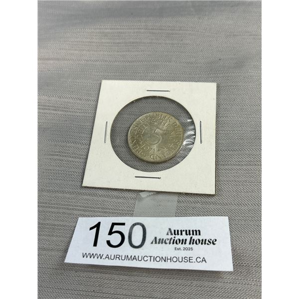 1972 West German 5 Deutsche Mark Silver Coin in Holder Coin Weighs 11.2 Grams
