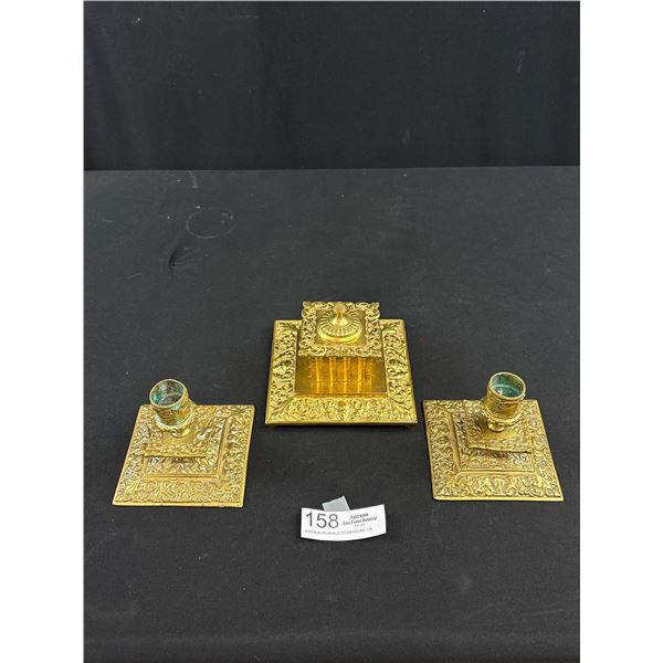 Brass Inkwell and a Pair of Brass Candle Holders