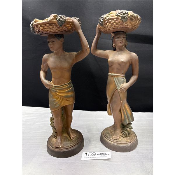 Early Devon Ware Pair of 12" Polynesian Figures Some Cracking and Losses To Paint No Breaks