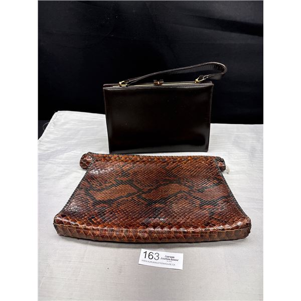 Classic Birks Black Leather Handbag Together w/ Genuine Snakeskin Leather-Lined Clutch w/ Lucite Pul